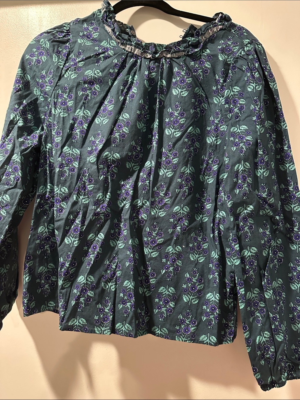 J. Crew Teal & Purple Floral Ruffle Neck Blouse